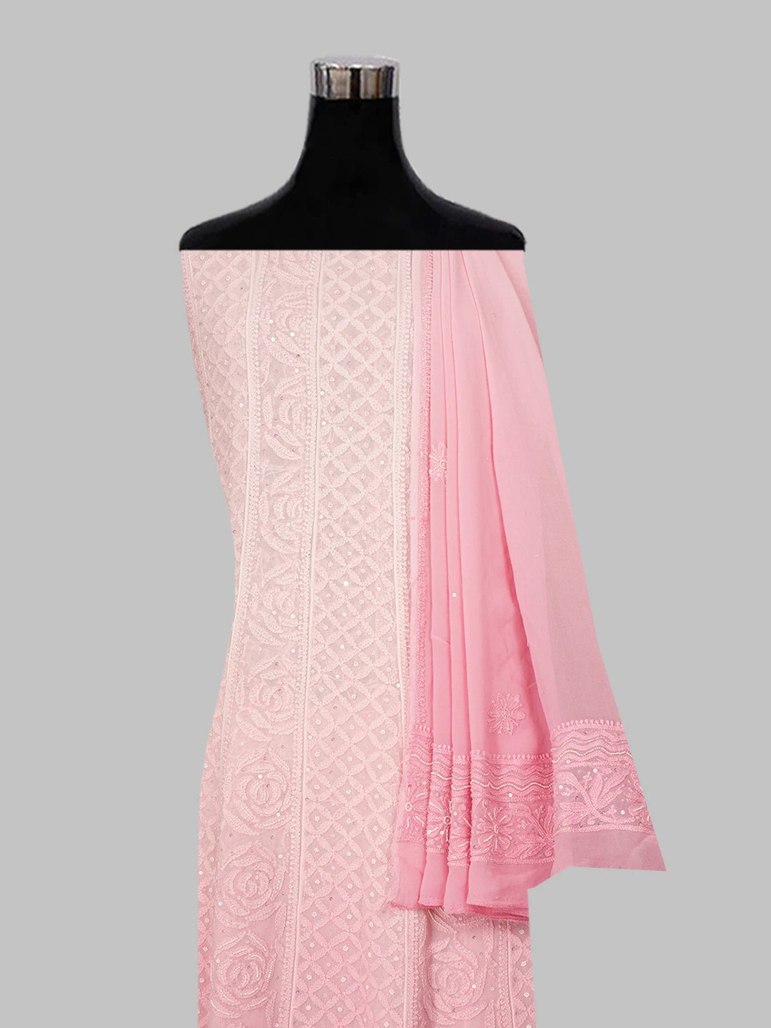 Ada Hand Embroidered Ombre Shade Of Salmon Pink & Tea Rose Pink Viscose Georgette Lucknowi Chikankari Semi-Stitched Anarkali Kurta Dupatta Set With Sequinned Work 01A558672