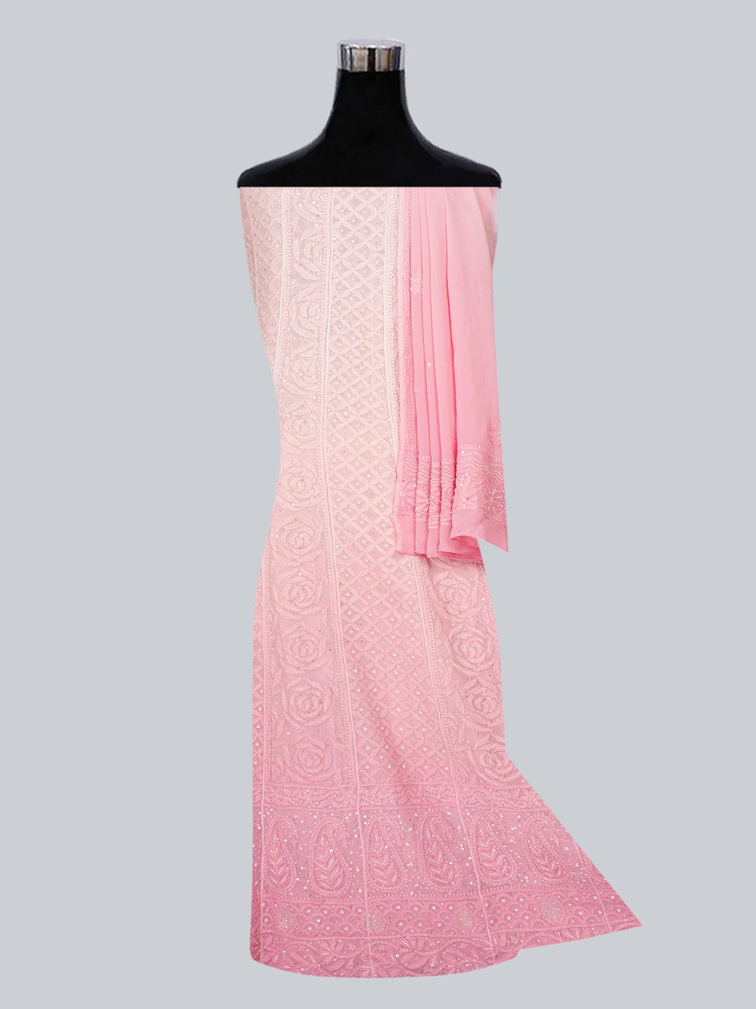 Ada Hand Embroidered Ombre Shade Of Salmon Pink & Tea Rose Pink Viscose Georgette Lucknowi Chikankari Semi-Stitched Anarkali Kurta Dupatta Set With Sequinned Work 01A558672