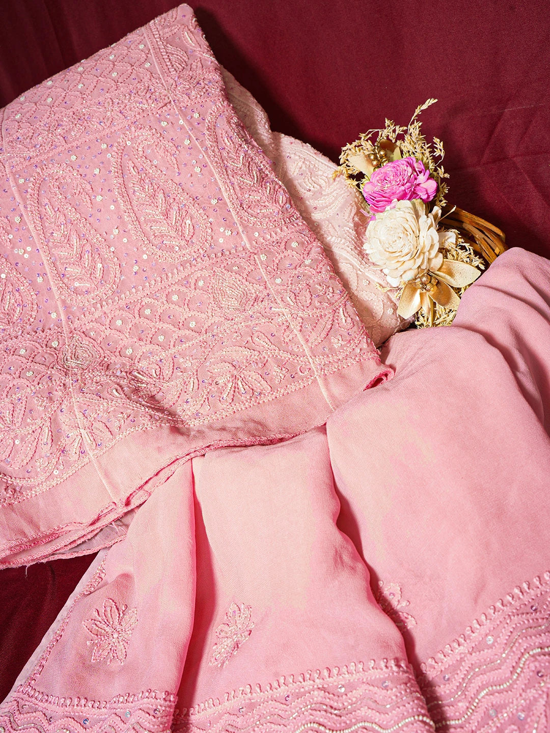 Ada Hand Embroidered Ombre Shade Of Salmon Pink & Tea Rose Pink Viscose Georgette Lucknowi Chikankari Semi-Stitched Anarkali Kurta Dupatta Set With Sequinned Work 01A558672