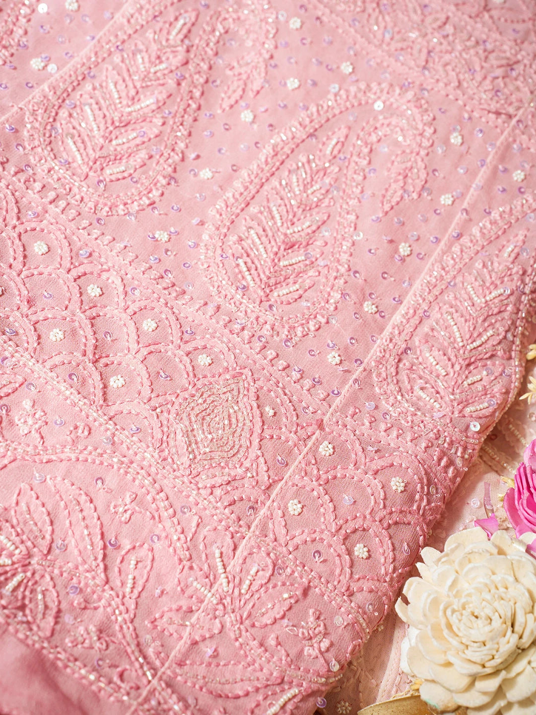 Ada Hand Embroidered Ombre Shade Of Salmon Pink & Tea Rose Pink Viscose Georgette Lucknowi Chikankari Semi-Stitched Anarkali Kurta Dupatta Set With Sequinned Work 01A558672