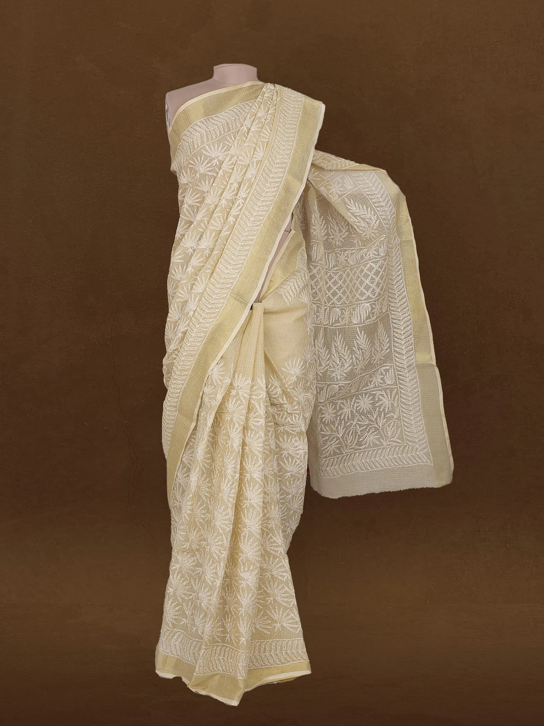 Ada Hand Embroidered Fawn Kota Lucknowi Chikankari Saree With Blouse 01A590972