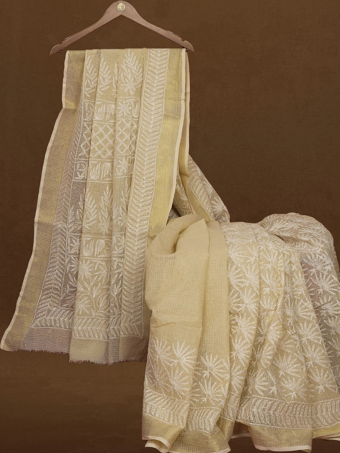 Ada Hand Embroidered Fawn Kota Lucknowi Chikankari Saree With Blouse 01A590972