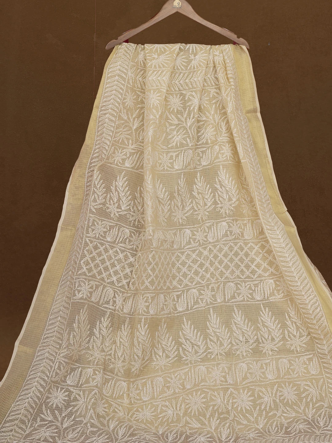 Ada Hand Embroidered Fawn Kota Lucknowi Chikankari Saree With Blouse 01A590972