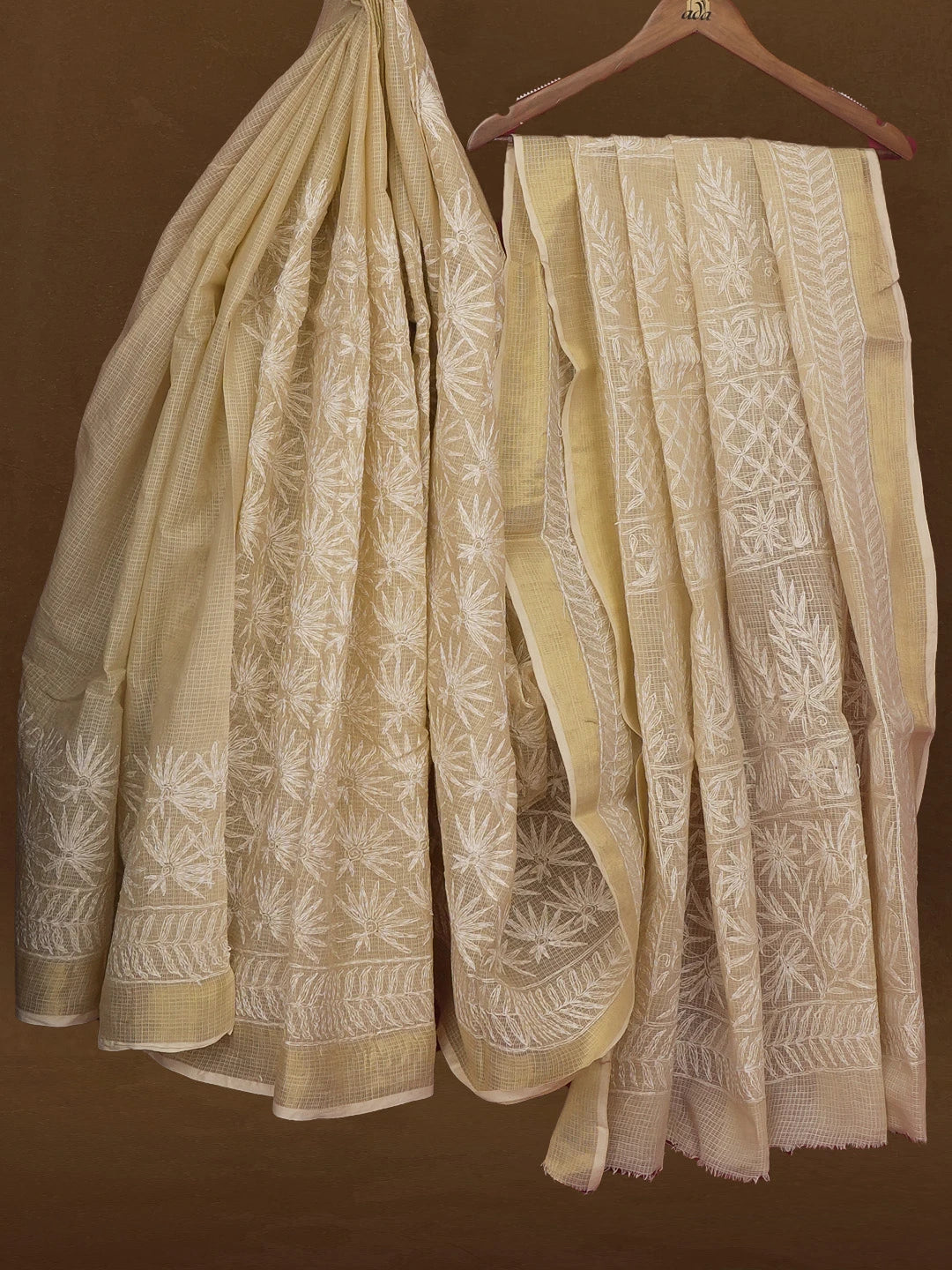 Ada Hand Embroidered Fawn Kota Lucknowi Chikankari Saree With Blouse 01A590972