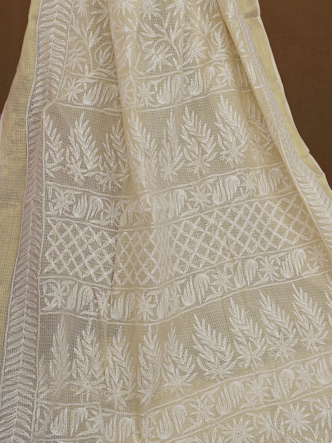 Ada Hand Embroidered Fawn Kota Lucknowi Chikankari Saree With Blouse 01A590972