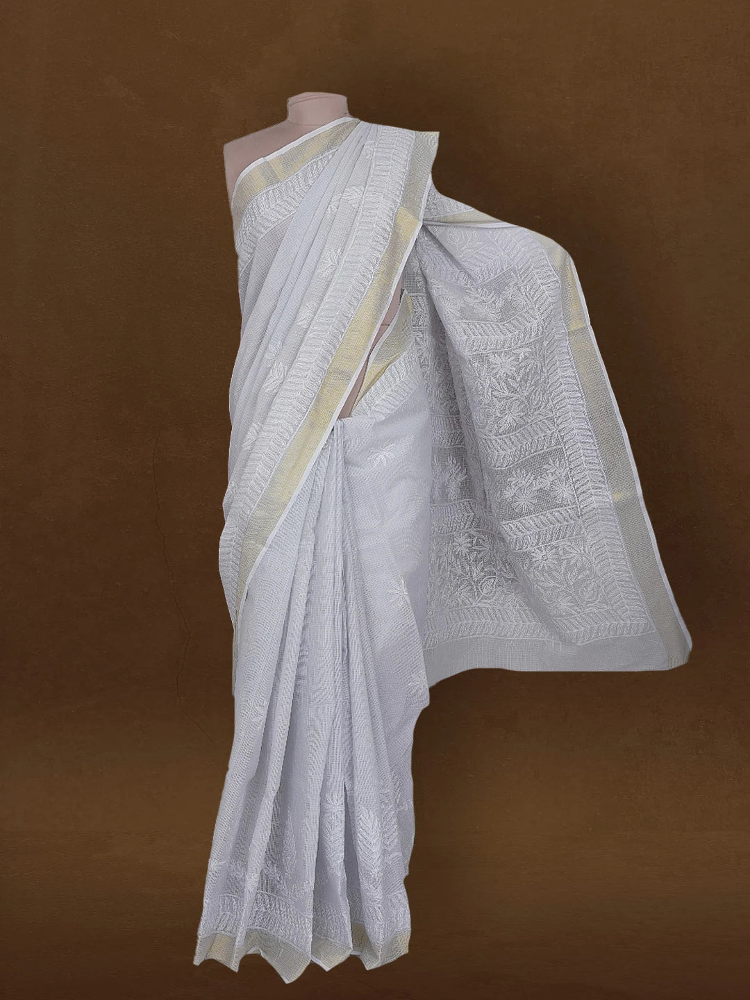 Ada Hand Embroidered Light Grey Kota Lucknowi Chikankari Saree With Blouse 01A590996