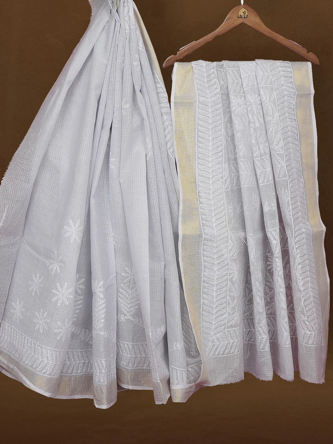 Ada Hand Embroidered Light Grey Kota Lucknowi Chikankari Saree With Blouse 01A590996