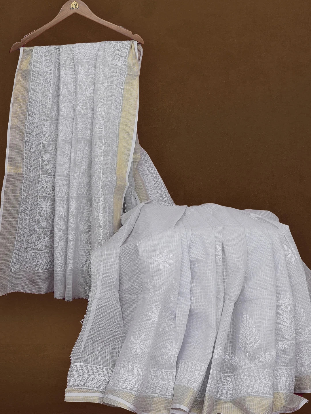 Ada Hand Embroidered Light Grey Kota Lucknowi Chikankari Saree With Blouse 01A590996