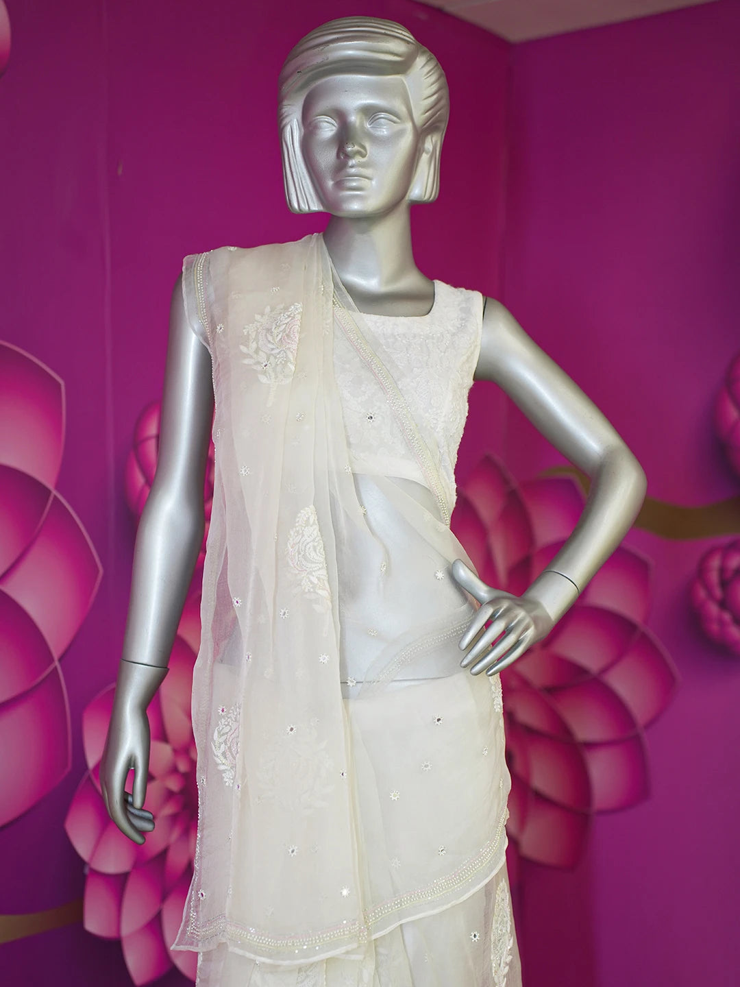 Ada Hand Embroidered Pearl White Organza Lucknowi Chikankari Saree and Blouse With Cutdana Work 01A548546