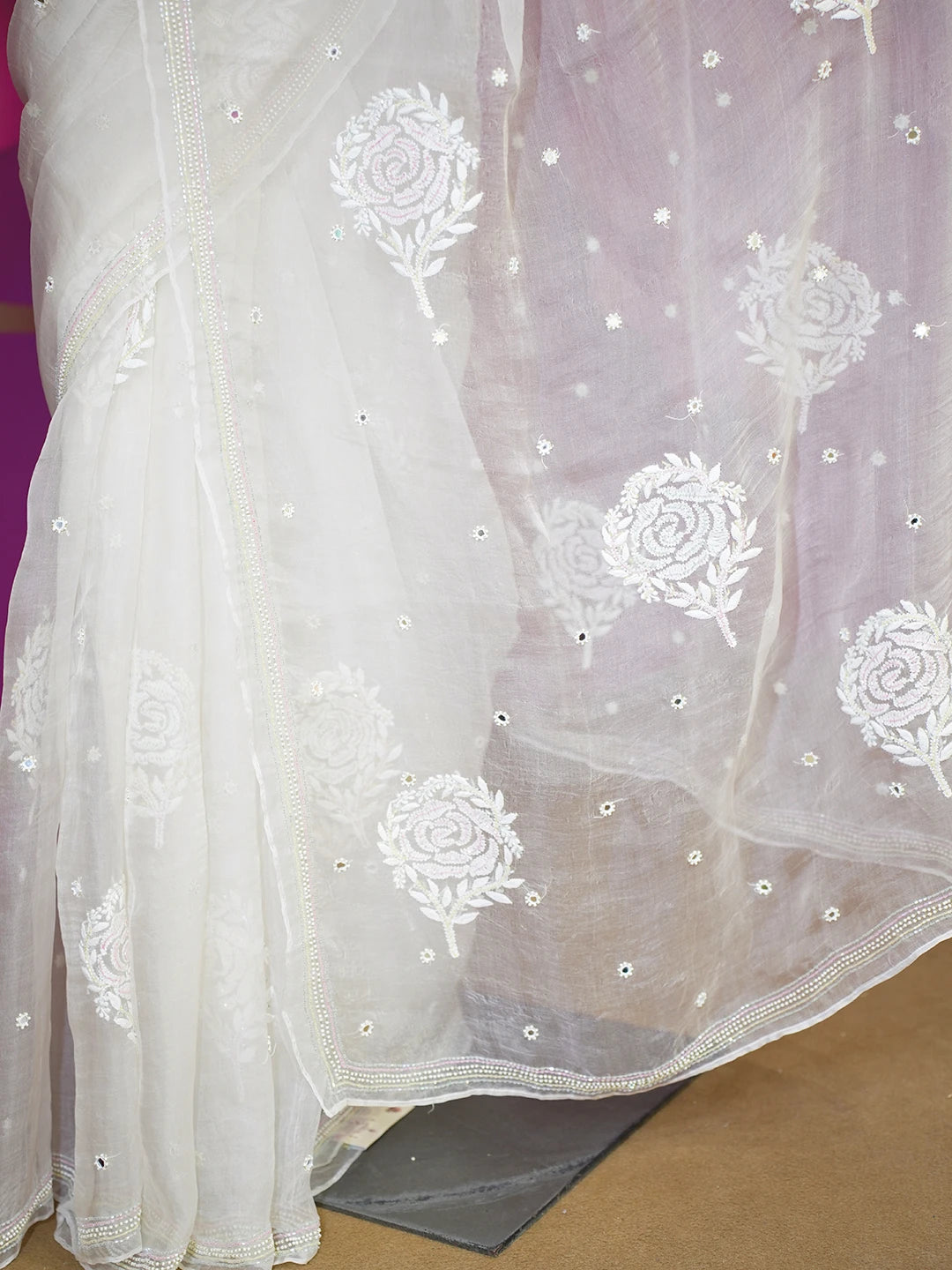Ada Hand Embroidered Pearl White Organza Lucknowi Chikankari Saree and Blouse With Cutdana Work 01A548546