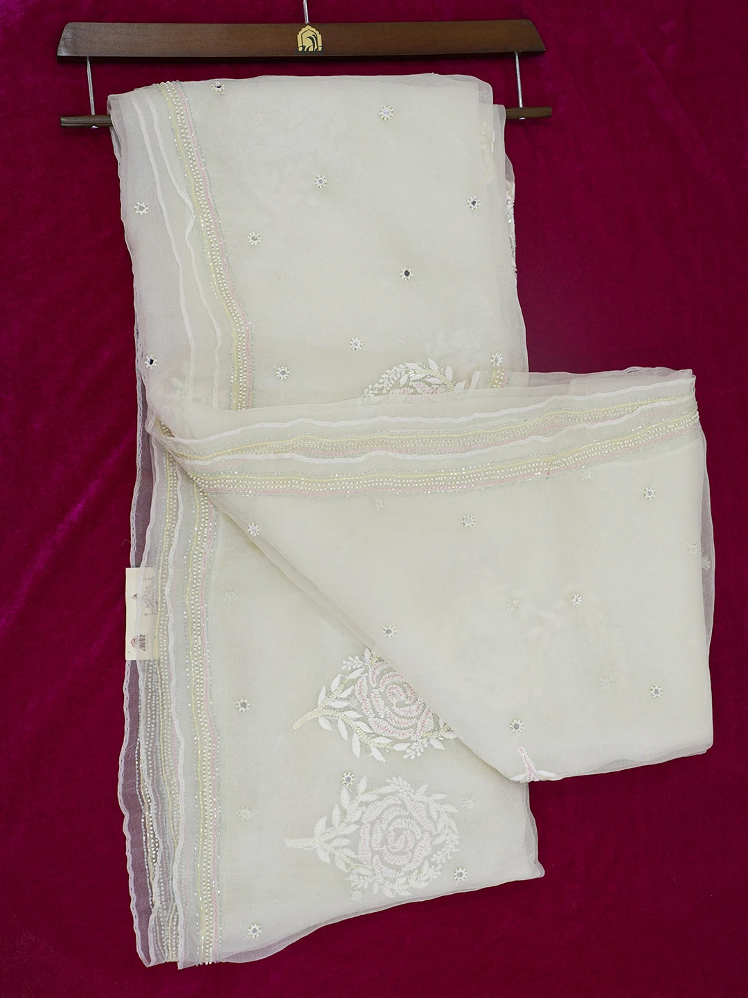 Ada Hand Embroidered Pearl White Organza Lucknowi Chikankari Saree and Blouse With Cutdana Work 01A548546