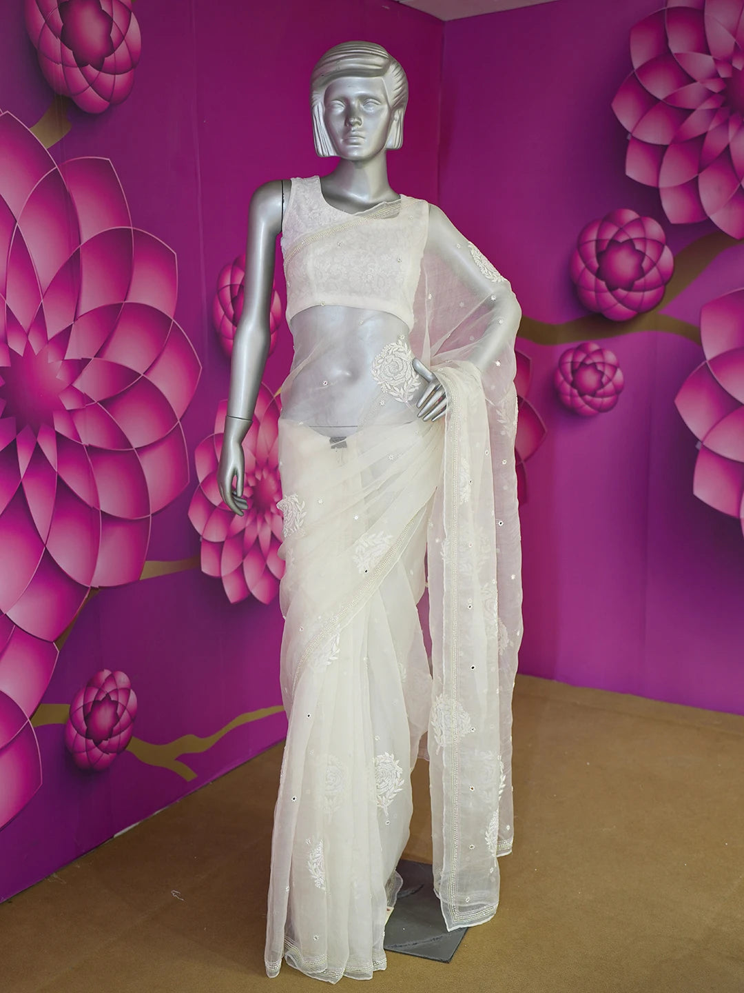 Ada Hand Embroidered Pearl White Organza Lucknowi Chikankari Saree and Blouse With Cutdana Work 01A548546