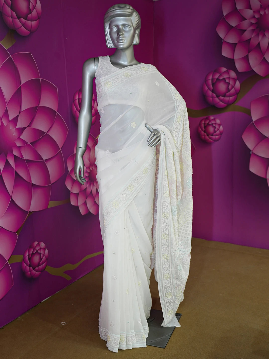 Ada Hand Embroidered White Organza Lucknowi Chikankari Saree and Blouse With Pearl Work 01A558001
