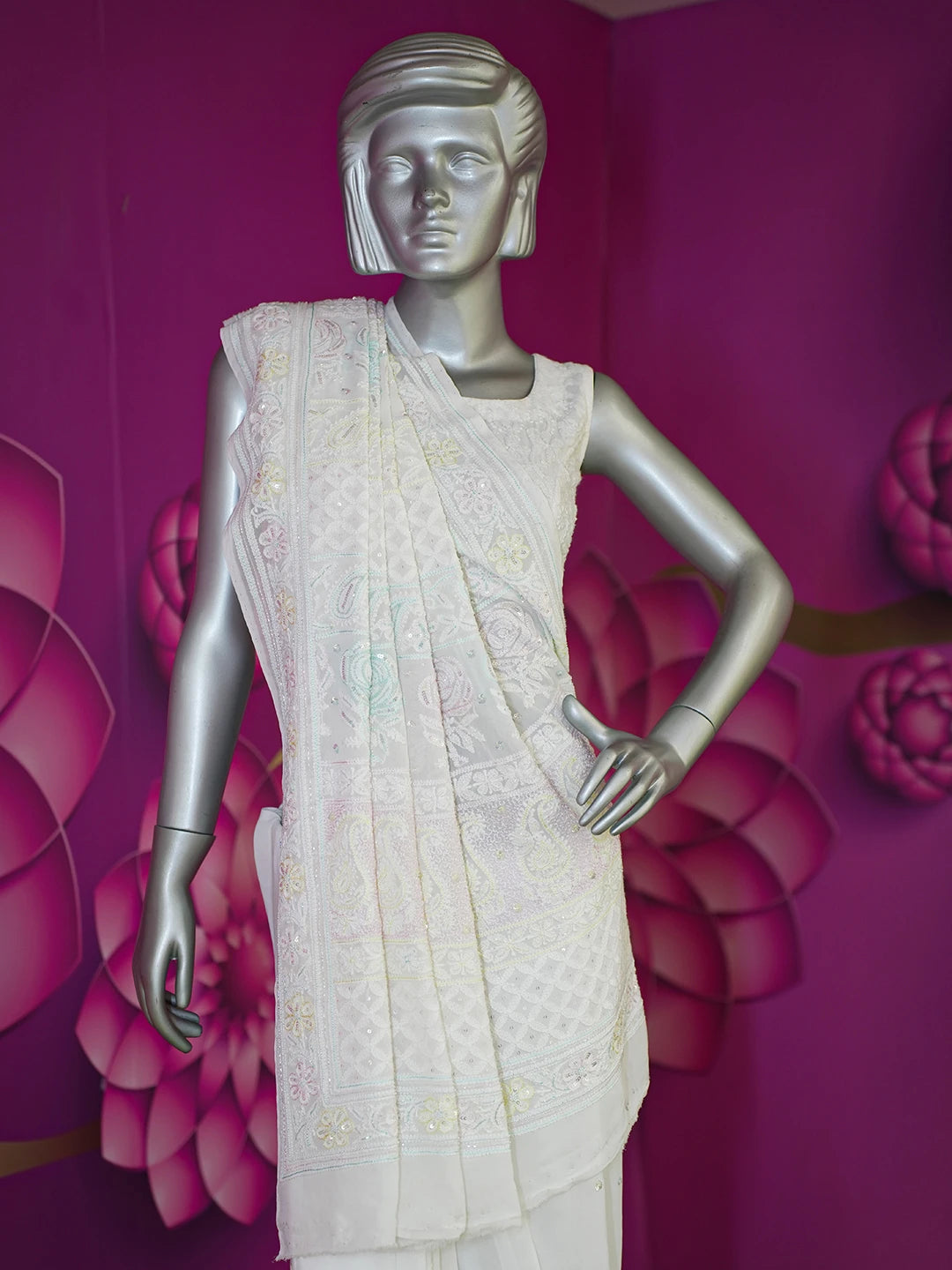 Ada Hand Embroidered White Organza Lucknowi Chikankari Saree and Blouse With Pearl Work 01A558001