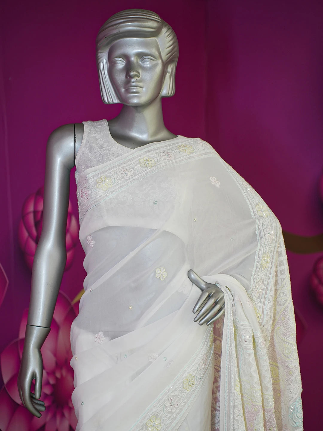 Ada Hand Embroidered White Organza Lucknowi Chikankari Saree and Blouse With Pearl Work 01A558001