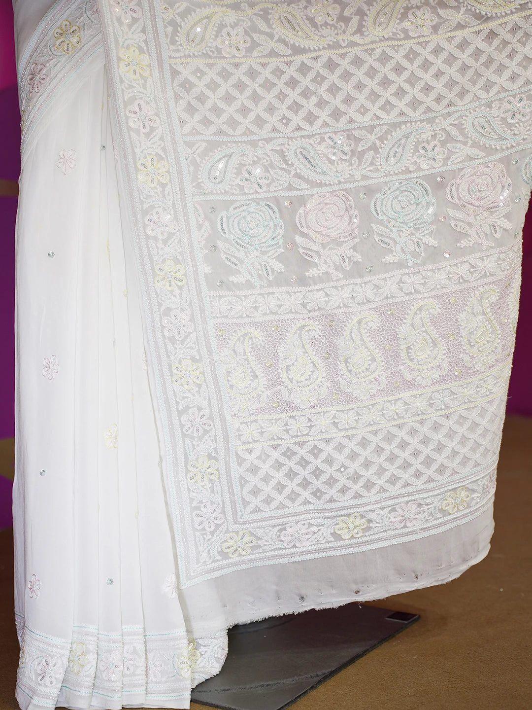 Ada Hand Embroidered White Organza Lucknowi Chikankari Saree and Blouse With Pearl Work 01A558001