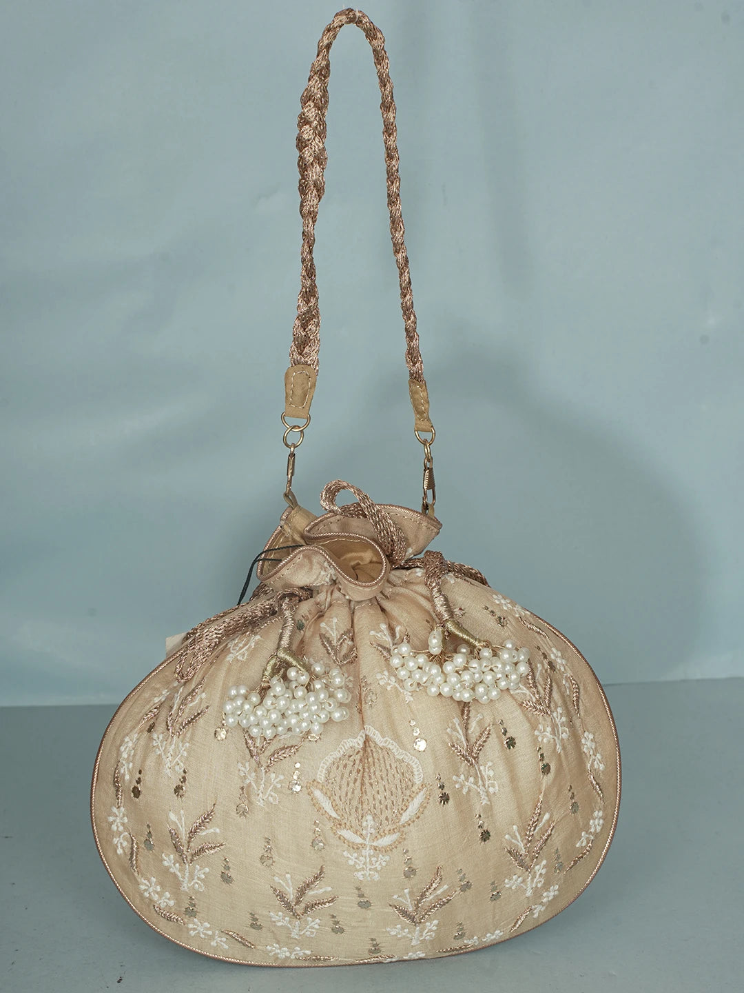 Ada Hand Embroidered Fawn Silk Lucknowi Chikankari Potli Bag With Zari Work 01A578123