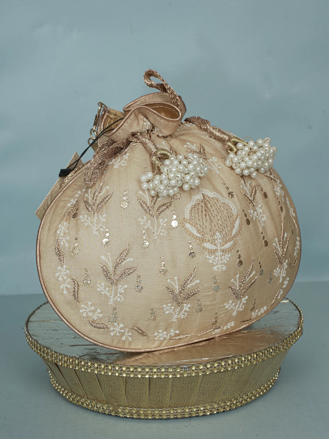 Ada Hand Embroidered Fawn Silk Lucknowi Chikankari Potli Bag With Zari Work 01A578123