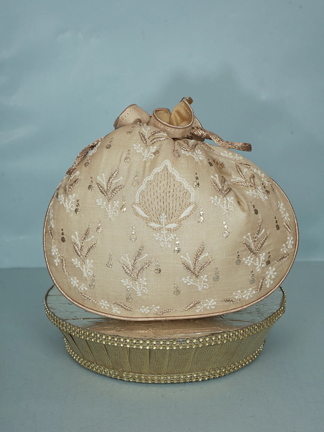 Ada Hand Embroidered Fawn Silk Lucknowi Chikankari Potli Bag With Zari Work 01A578123