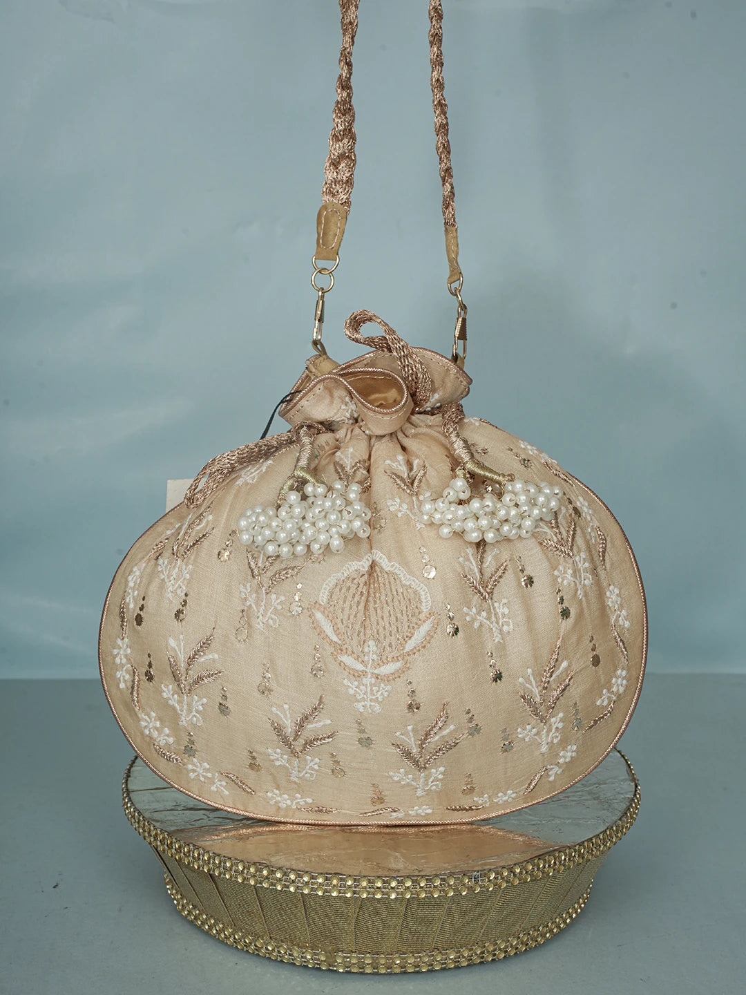 Ada Hand Embroidered Fawn Silk Lucknowi Chikankari Potli Bag With Zari Work 01A578123
