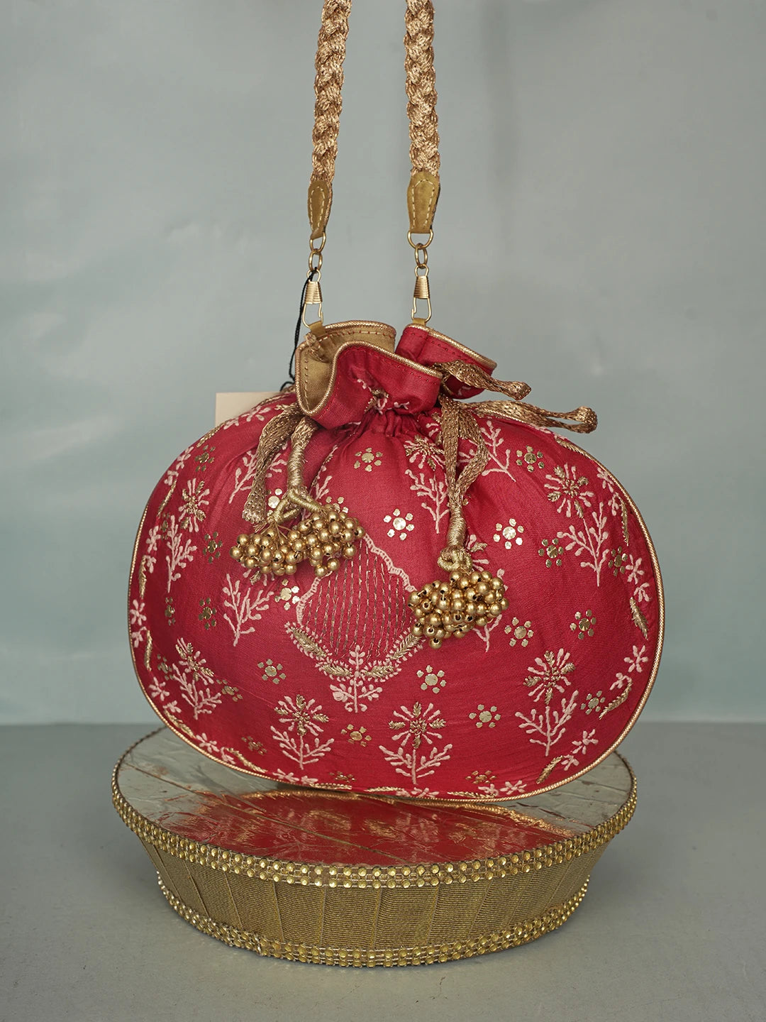 Ada Hand Embroidered Maroon Silk Lucknowi Chikankari Potli Bag With Zari Work 01A575965