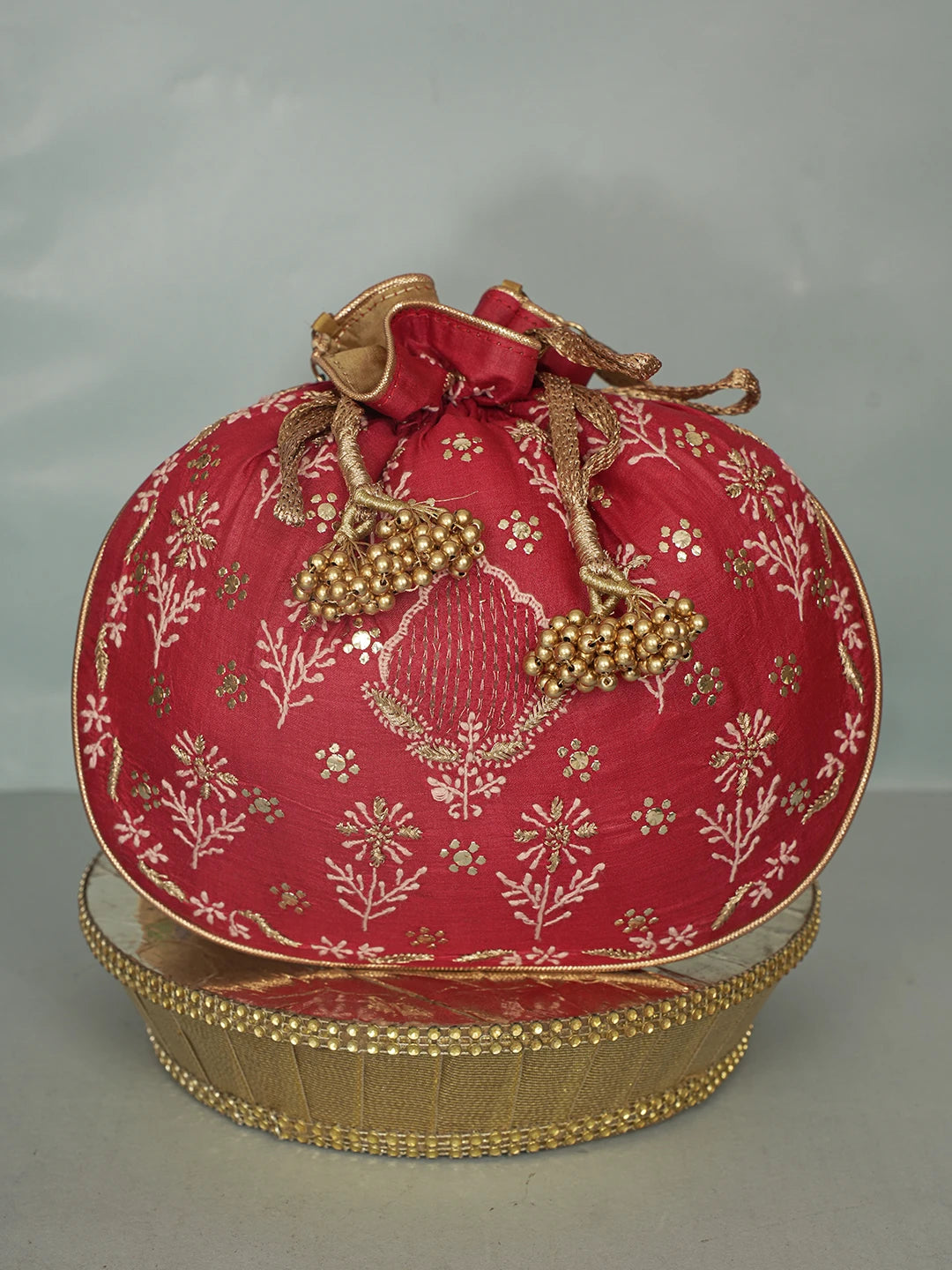Ada Hand Embroidered Maroon Silk Lucknowi Chikankari Potli Bag With Zari Work 01A575965
