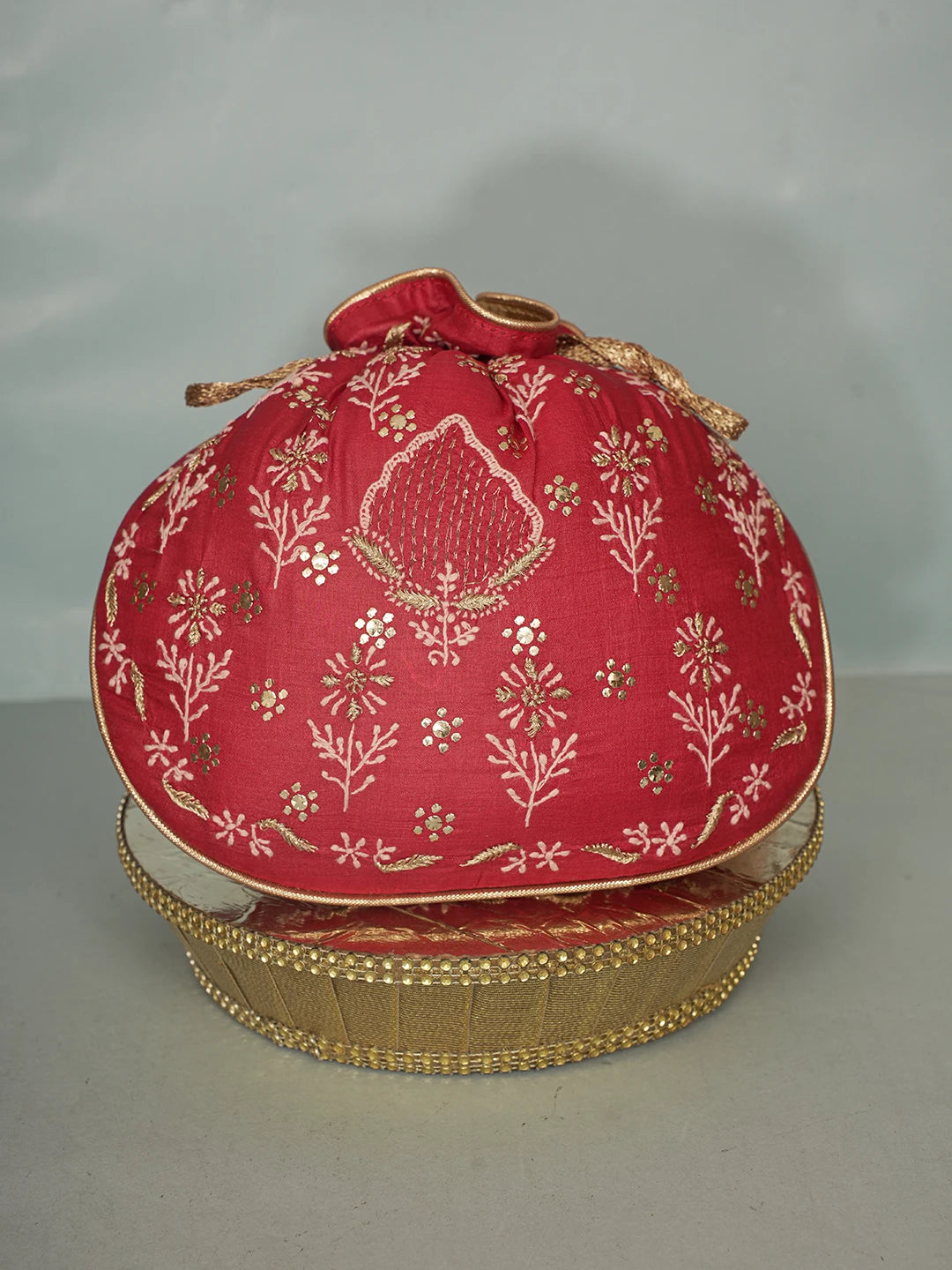 Ada Hand Embroidered Maroon Silk Lucknowi Chikankari Potli Bag With Zari Work 01A575965