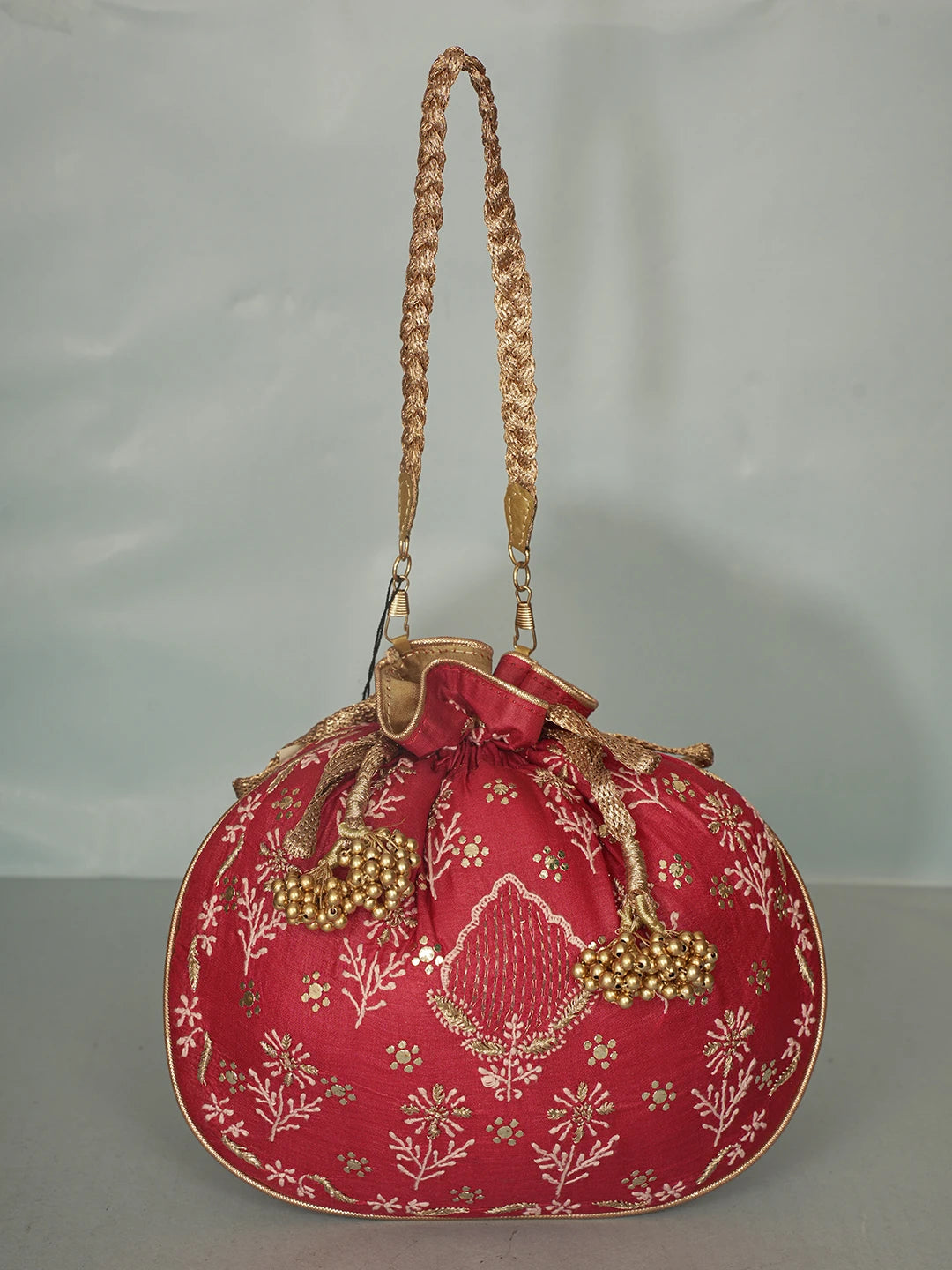 Ada Hand Embroidered Maroon Silk Lucknowi Chikankari Potli Bag With Zari Work 01A575965