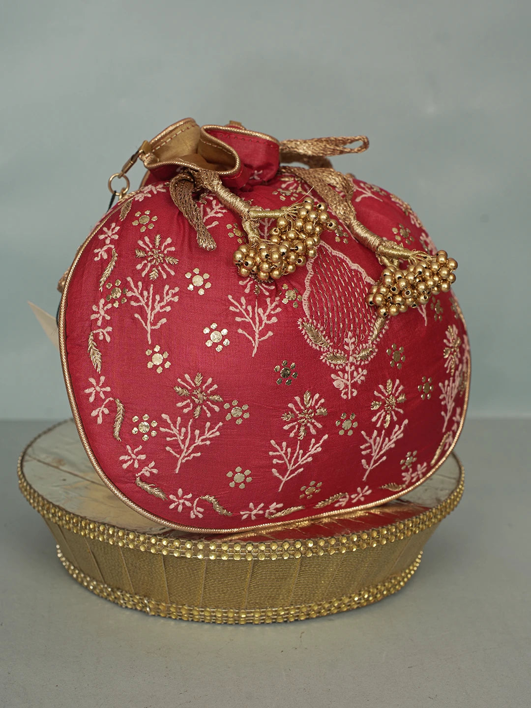 Ada Hand Embroidered Maroon Silk Lucknowi Chikankari Potli Bag With Zari Work 01A575965
