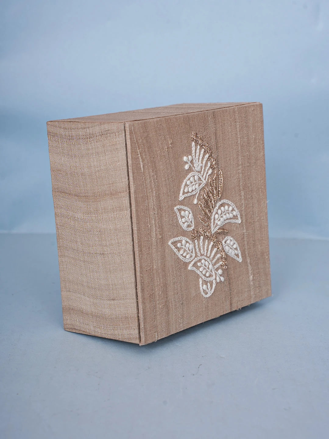 Ada Hand Embroidered Fawn Silk Lucknowi Chikankari Utility Box With Zari Work 01A589742