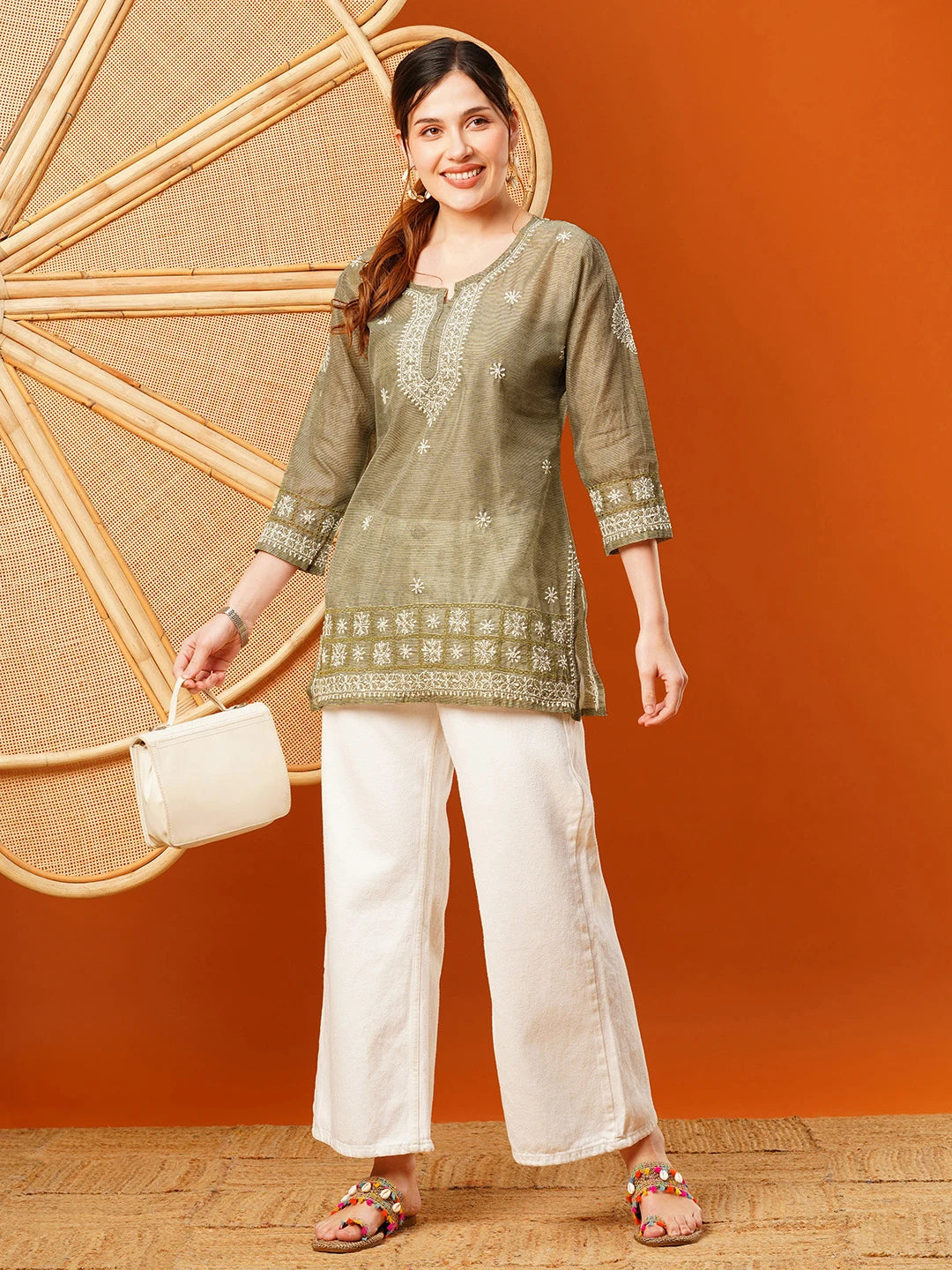 Ada Hand Embroidered Olive Green Chanderi Lucknowi Chikankari Short Kurti A911398