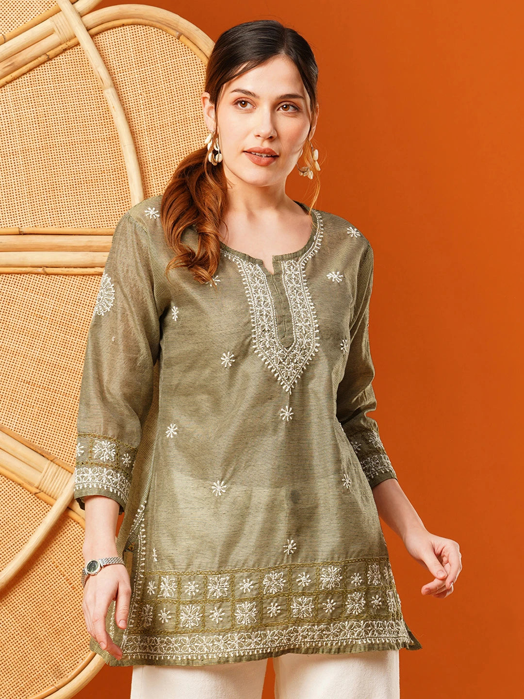Ada Hand Embroidered Olive Green Chanderi Lucknowi Chikankari Short Kurti A911398