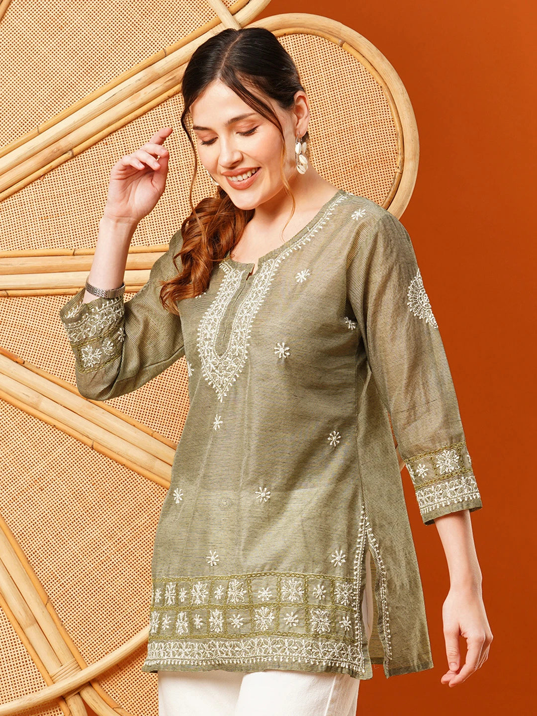 Ada Hand Embroidered Olive Green Chanderi Lucknowi Chikankari Short Kurti A911398