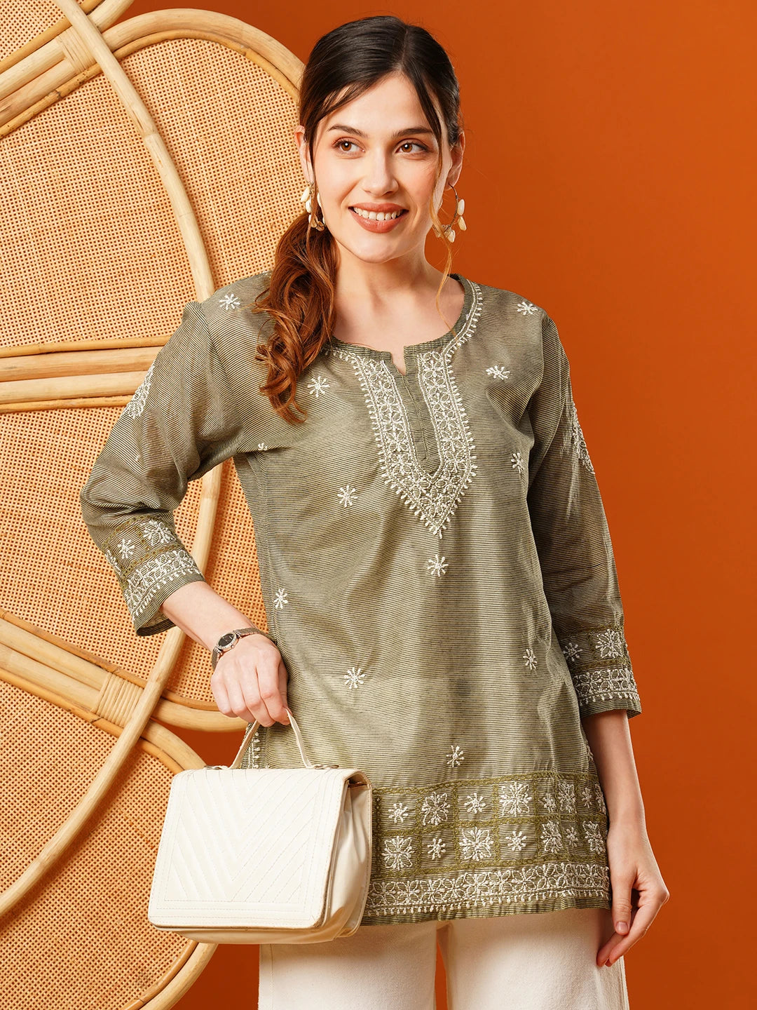 Ada Hand Embroidered Olive Green Chanderi Lucknowi Chikankari Short Kurti A911398
