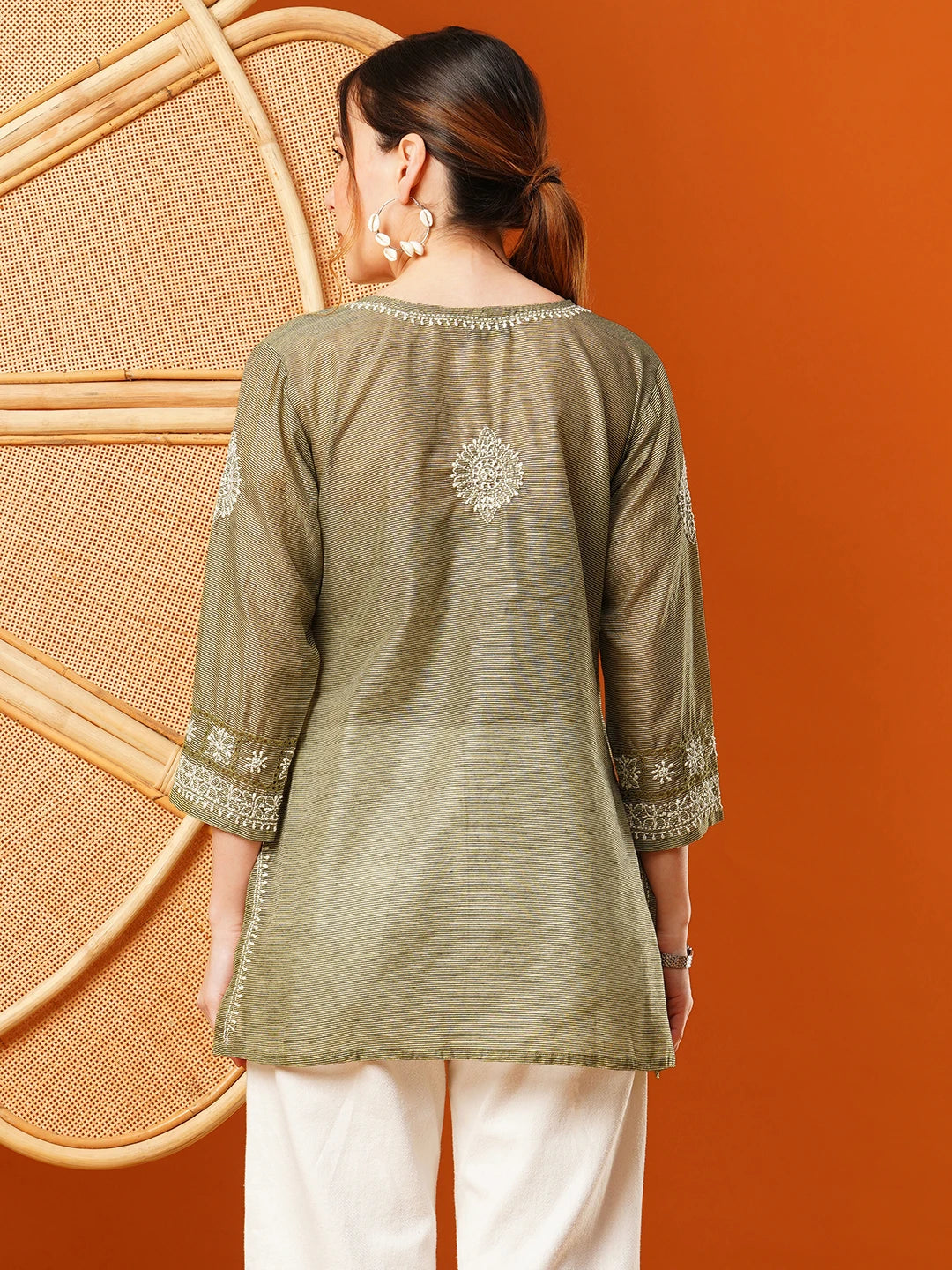 Ada Hand Embroidered Olive Green Chanderi Lucknowi Chikankari Short Kurti A911398