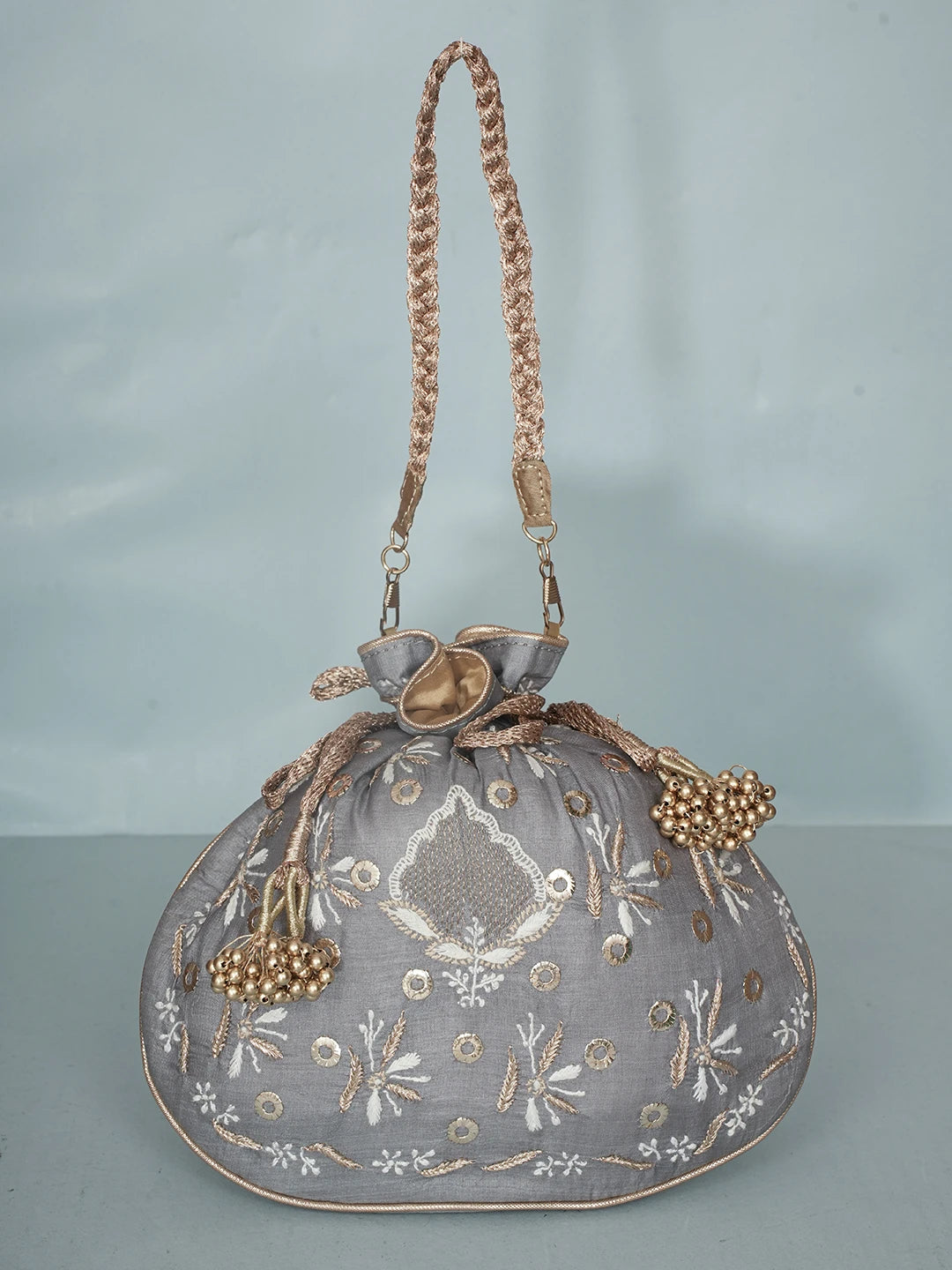 Ada Hand Embroidered Grey Silk Lucknowi Chikankari Potli Bag With Zari Work 01A578117