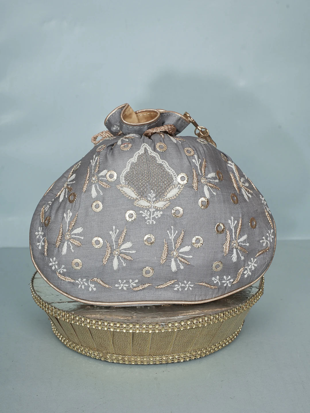Ada Hand Embroidered Grey Silk Lucknowi Chikankari Potli Bag With Zari Work 01A578117