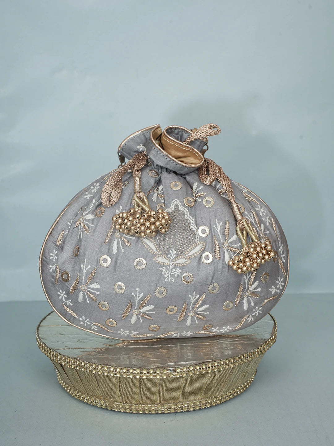 Ada Hand Embroidered Grey Silk Lucknowi Chikankari Potli Bag With Zari Work 01A578117