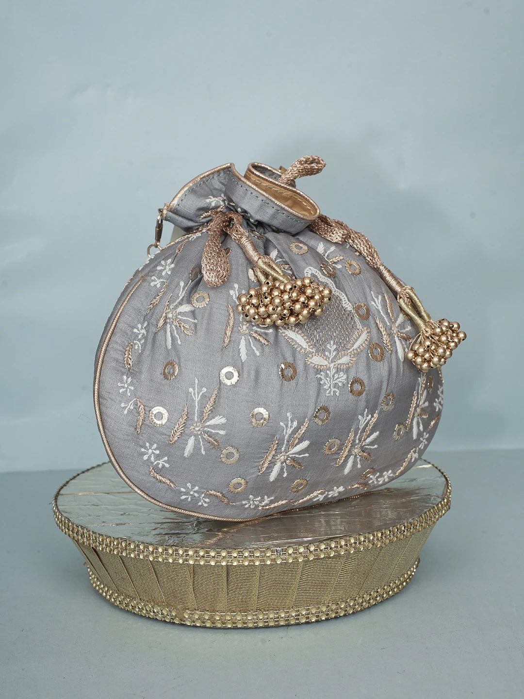 Ada Hand Embroidered Grey Silk Lucknowi Chikankari Potli Bag With Zari Work 01A578117