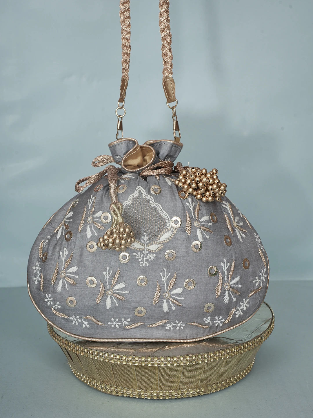 Ada Hand Embroidered Grey Silk Lucknowi Chikankari Potli Bag With Zari Work 01A578117