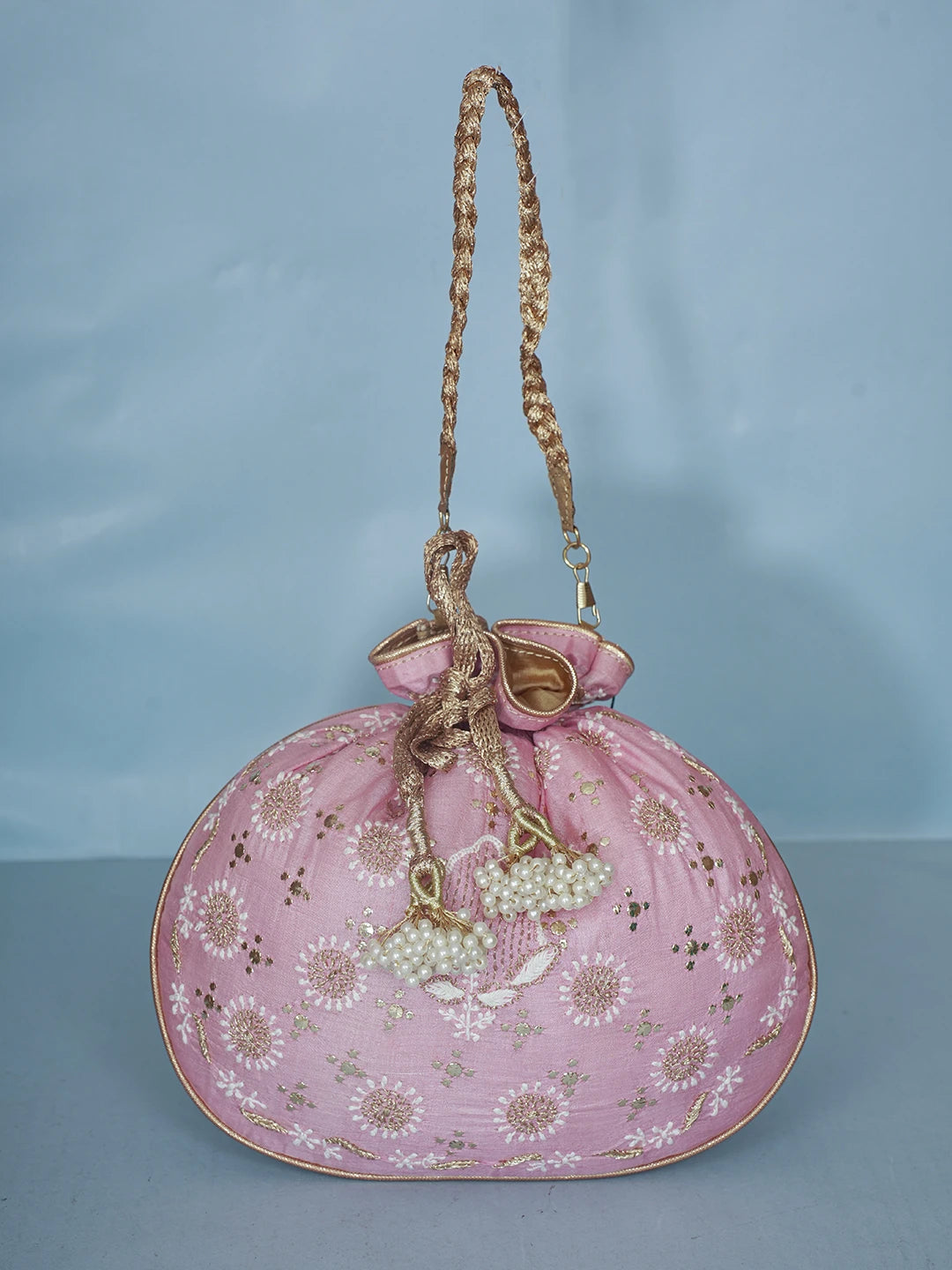 Ada Hand Embroidered Pink Silk Lucknowi Chikankari Potli Bag With Zari Work 01A578133