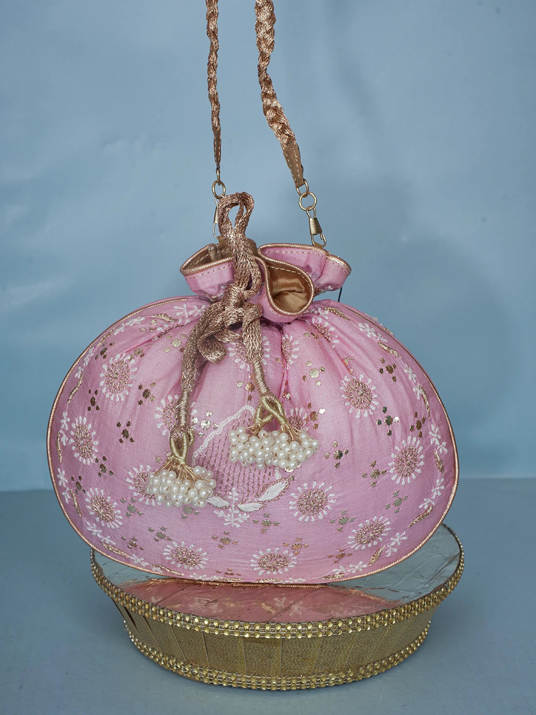 Ada Hand Embroidered Pink Silk Lucknowi Chikankari Potli Bag With Zari Work 01A578133