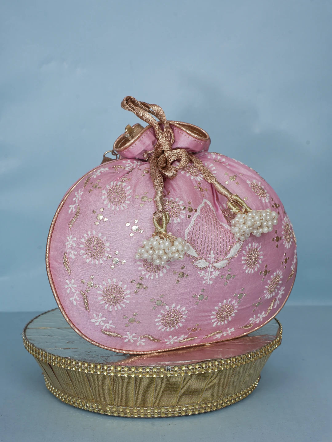 Ada Hand Embroidered Pink Silk Lucknowi Chikankari Potli Bag With Zari Work 01A578133