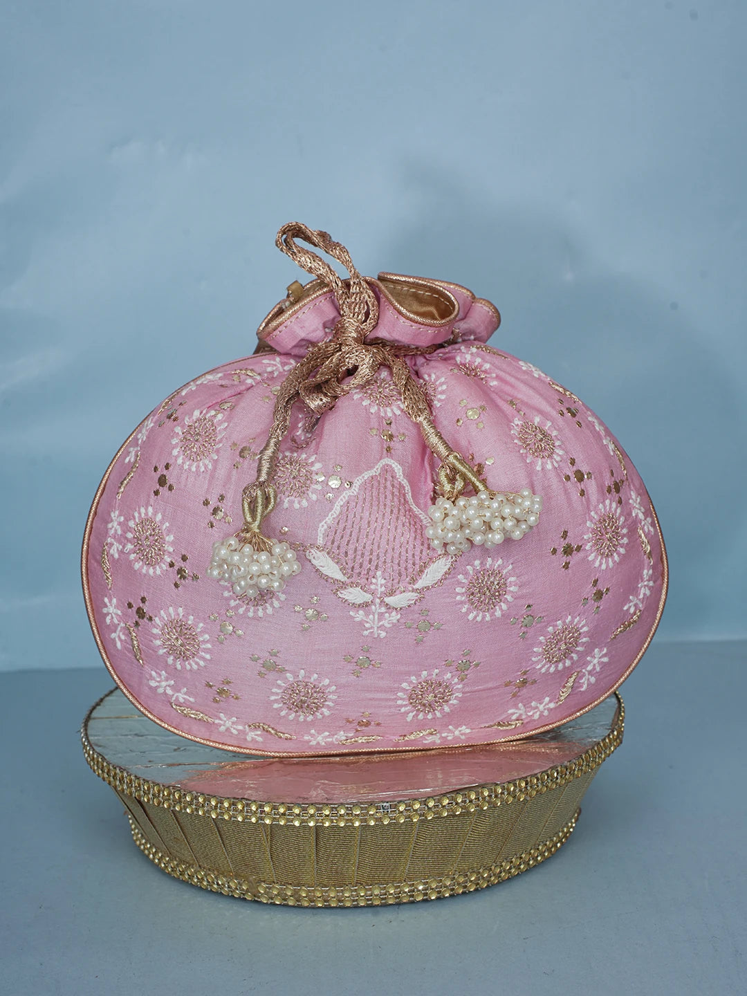 Ada Hand Embroidered Pink Silk Lucknowi Chikankari Potli Bag With Zari Work 01A578133