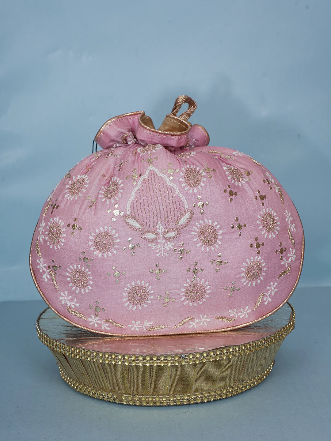 Ada Hand Embroidered Pink Silk Lucknowi Chikankari Potli Bag With Zari Work 01A578133
