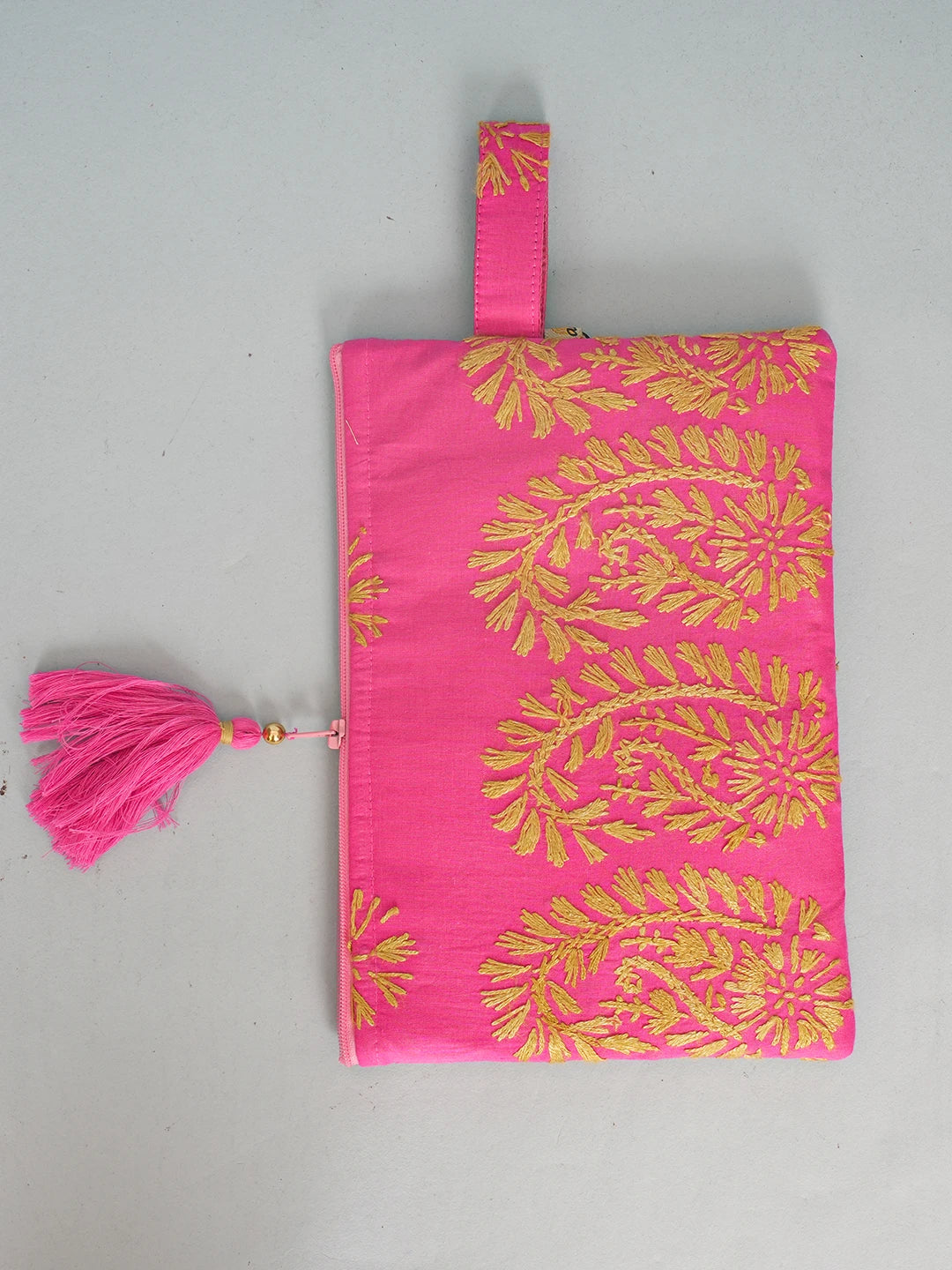 Ada Hand Embroidered Carrot Pink Cotton Lucknowi Chikankari Pouch 01A571069