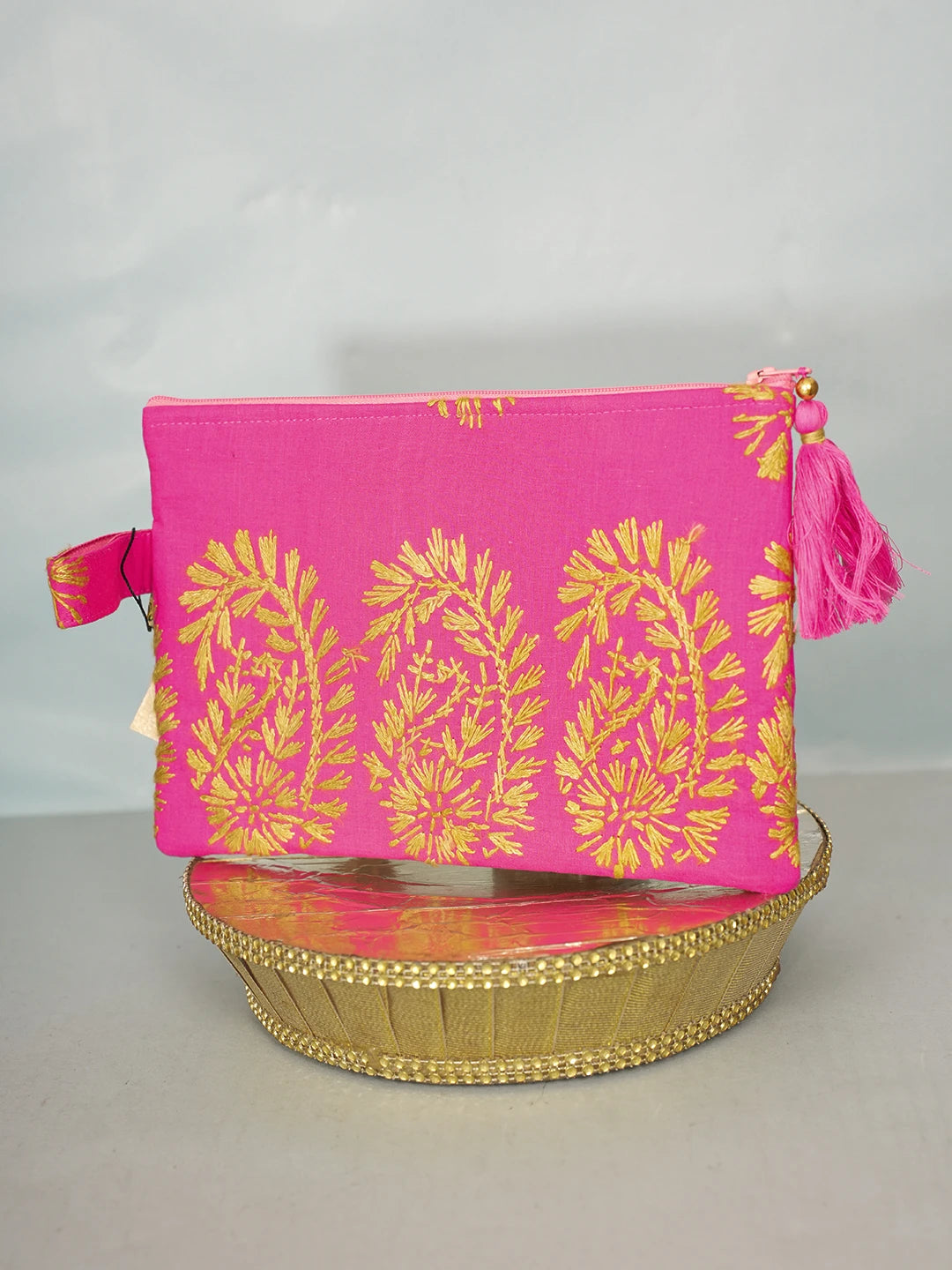 Ada Hand Embroidered Carrot Pink Cotton Lucknowi Chikankari Pouch 01A571069