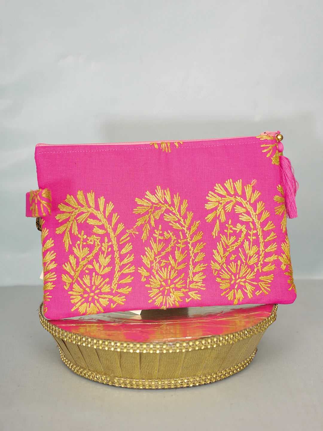 Ada Hand Embroidered Carrot Pink Cotton Lucknowi Chikankari Pouch 01A571069