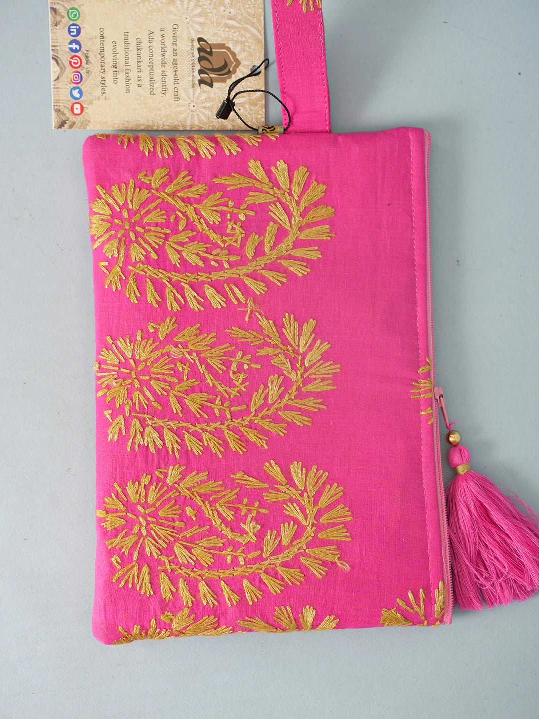Ada Hand Embroidered Carrot Pink Cotton Lucknowi Chikankari Pouch 01A571069