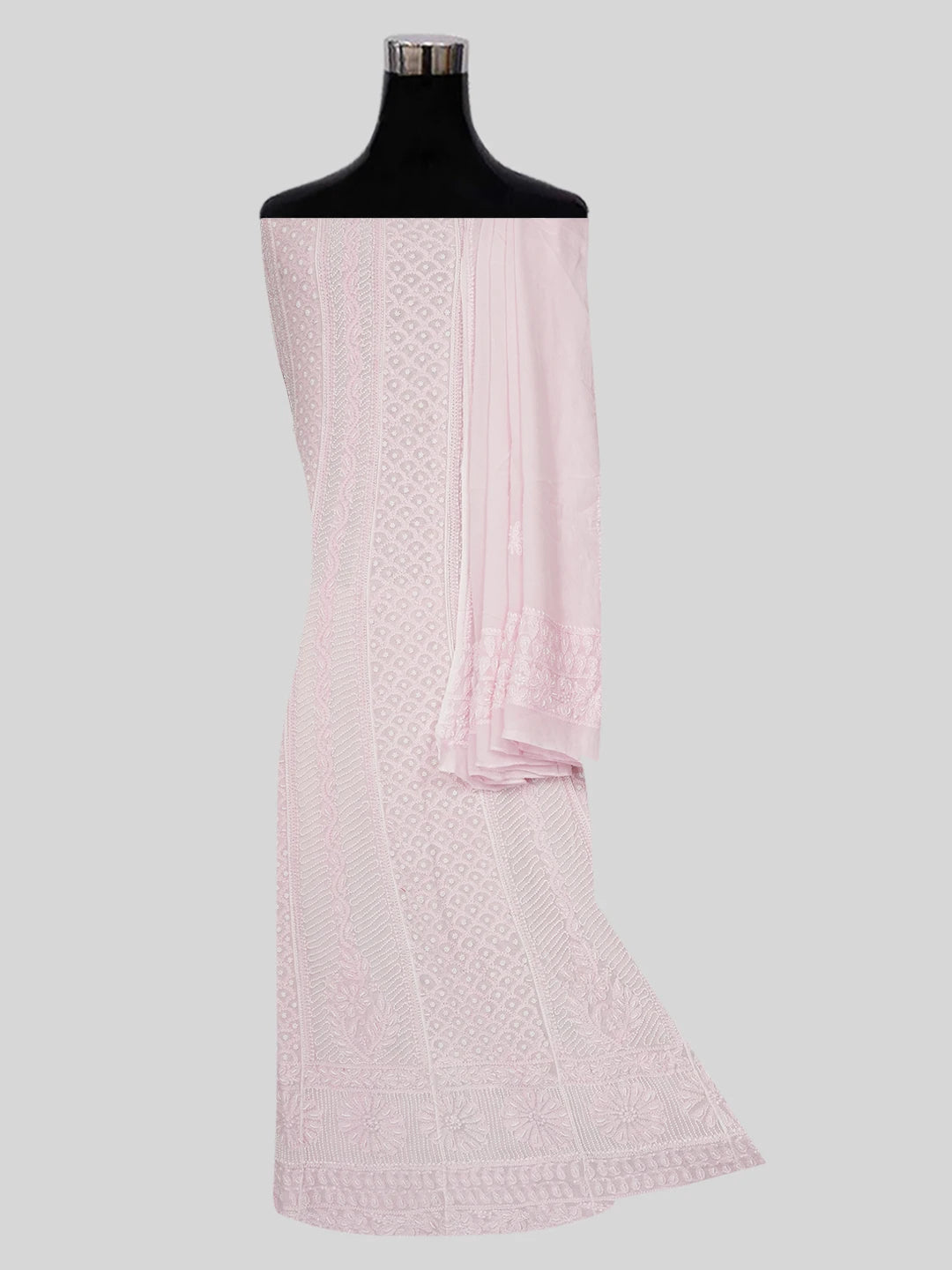 Ada Hand Embroidered Fairy Tale Pink Viscose Georgette Lucknowi Chikankari Semi-Stitched Anarkali Kurta Dupatta Set With Pearl Work 01A553910